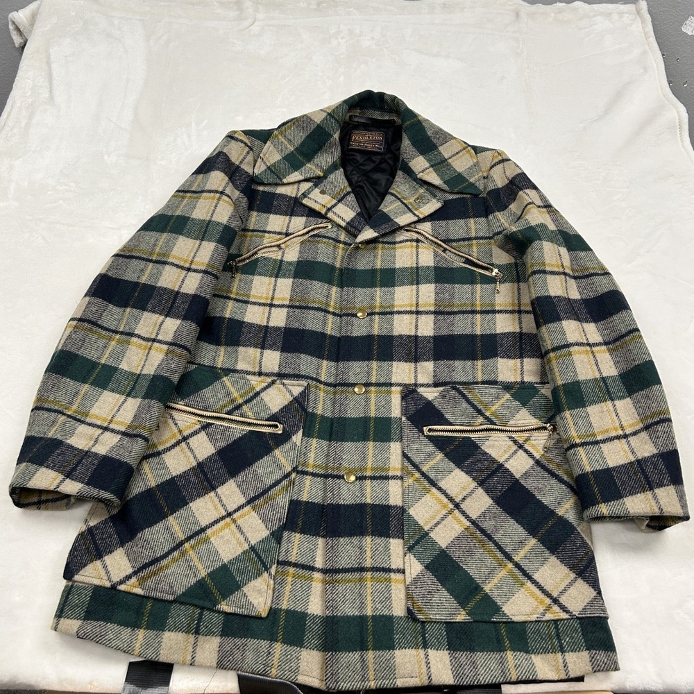 60s/70s Pendleton Wool Plaid Coat Mens L Green Navy High Grade Vintage